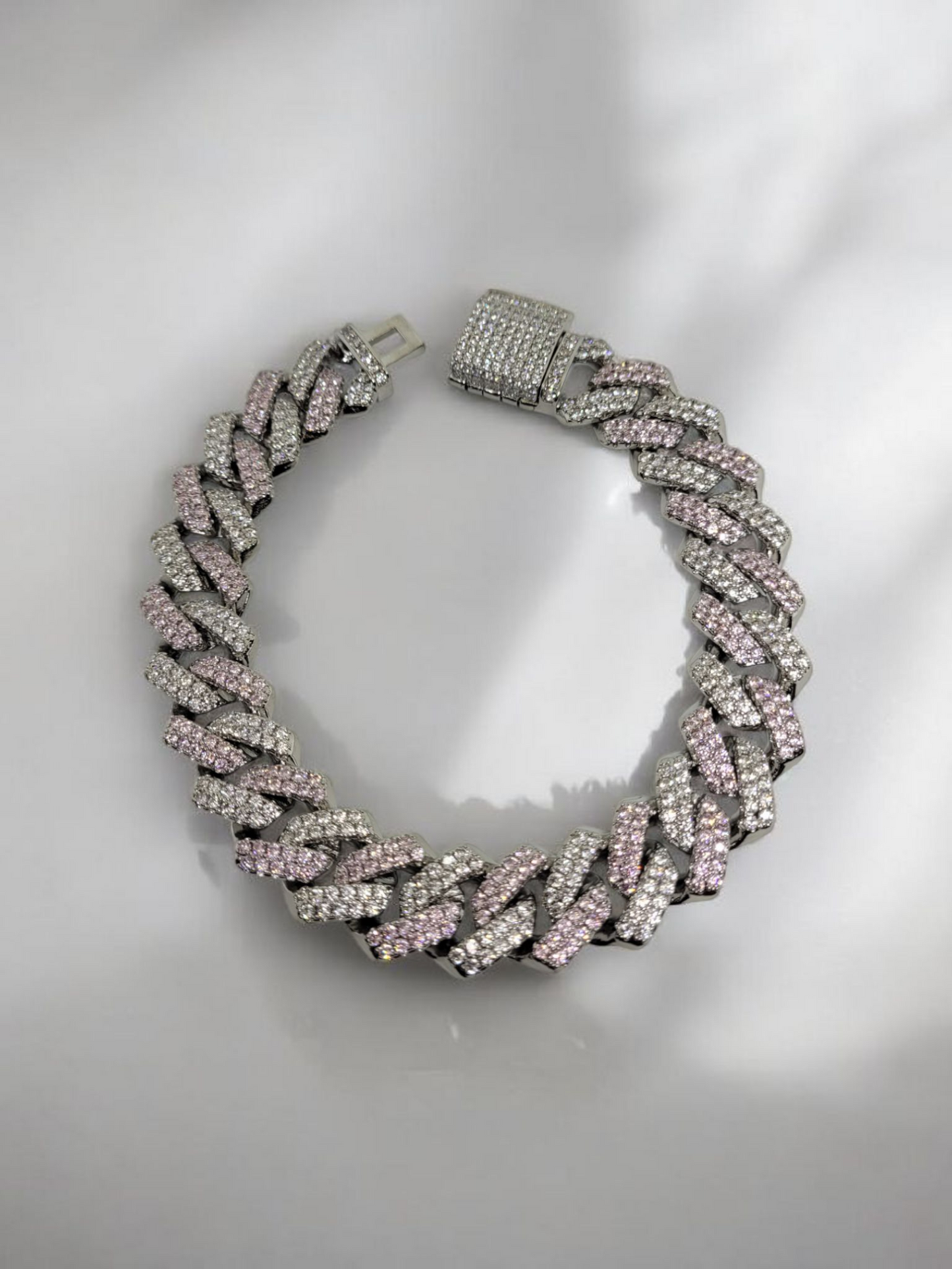 Bossed out pink and sliver 18k plated Cuban bracelet