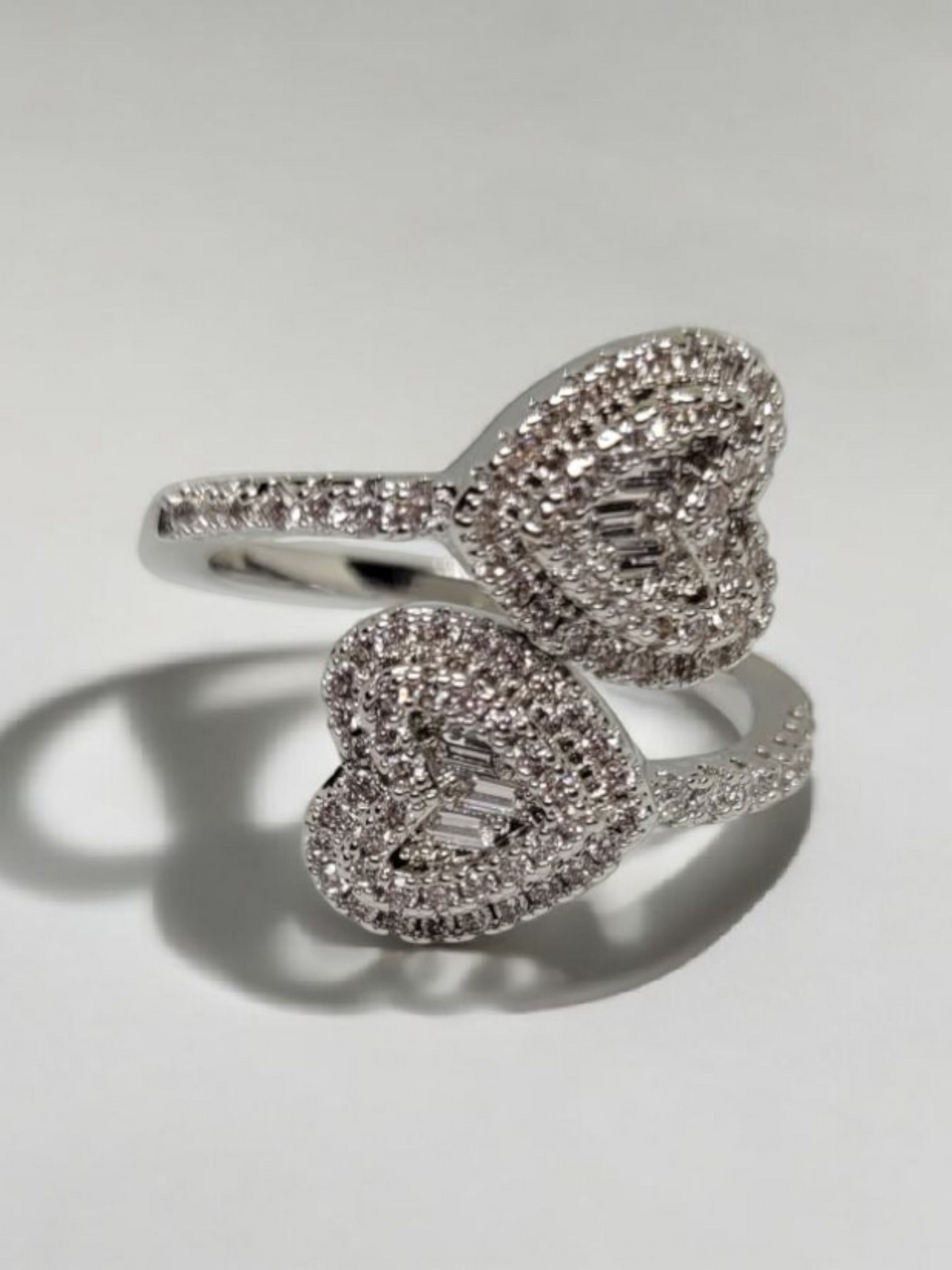 Double heart cubic zirconia blinged out ring 18k sliver plated (adjustable)