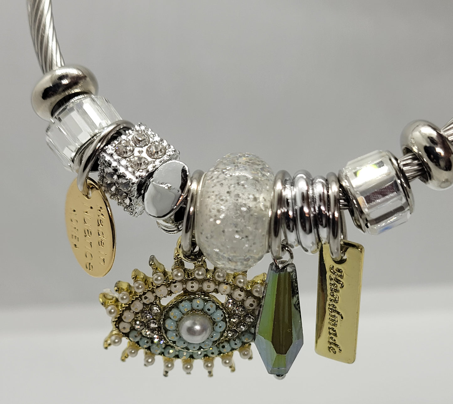 Sliver Evil Eye Bracelet in Green & Gold