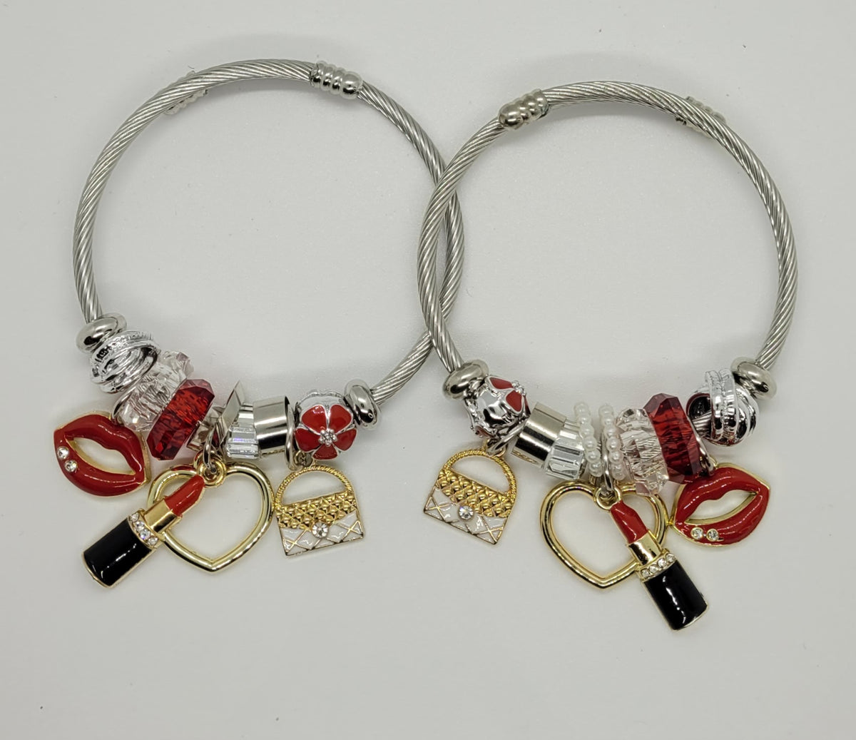Red & Gold Lipstick Bracelet with white purse charm