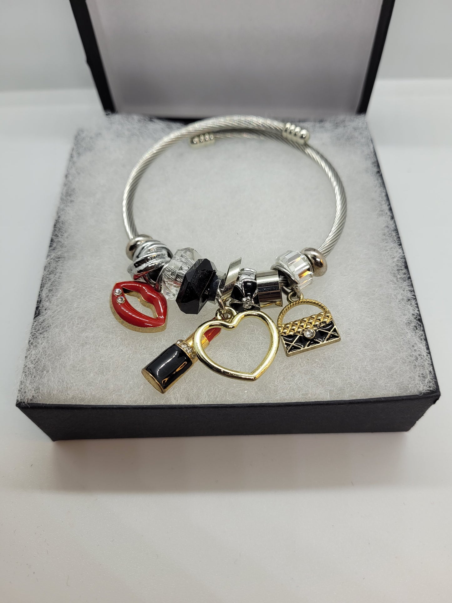 Red & Gold Lipstick Bracelet with black purse charm