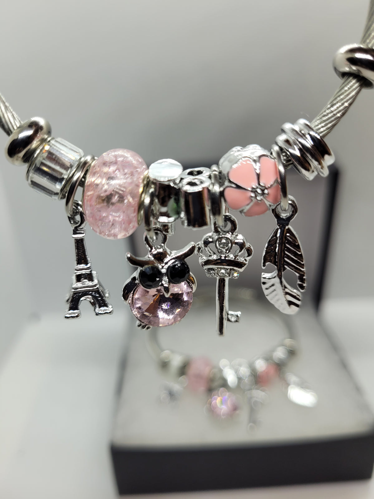 Pink and silver owl bracelet