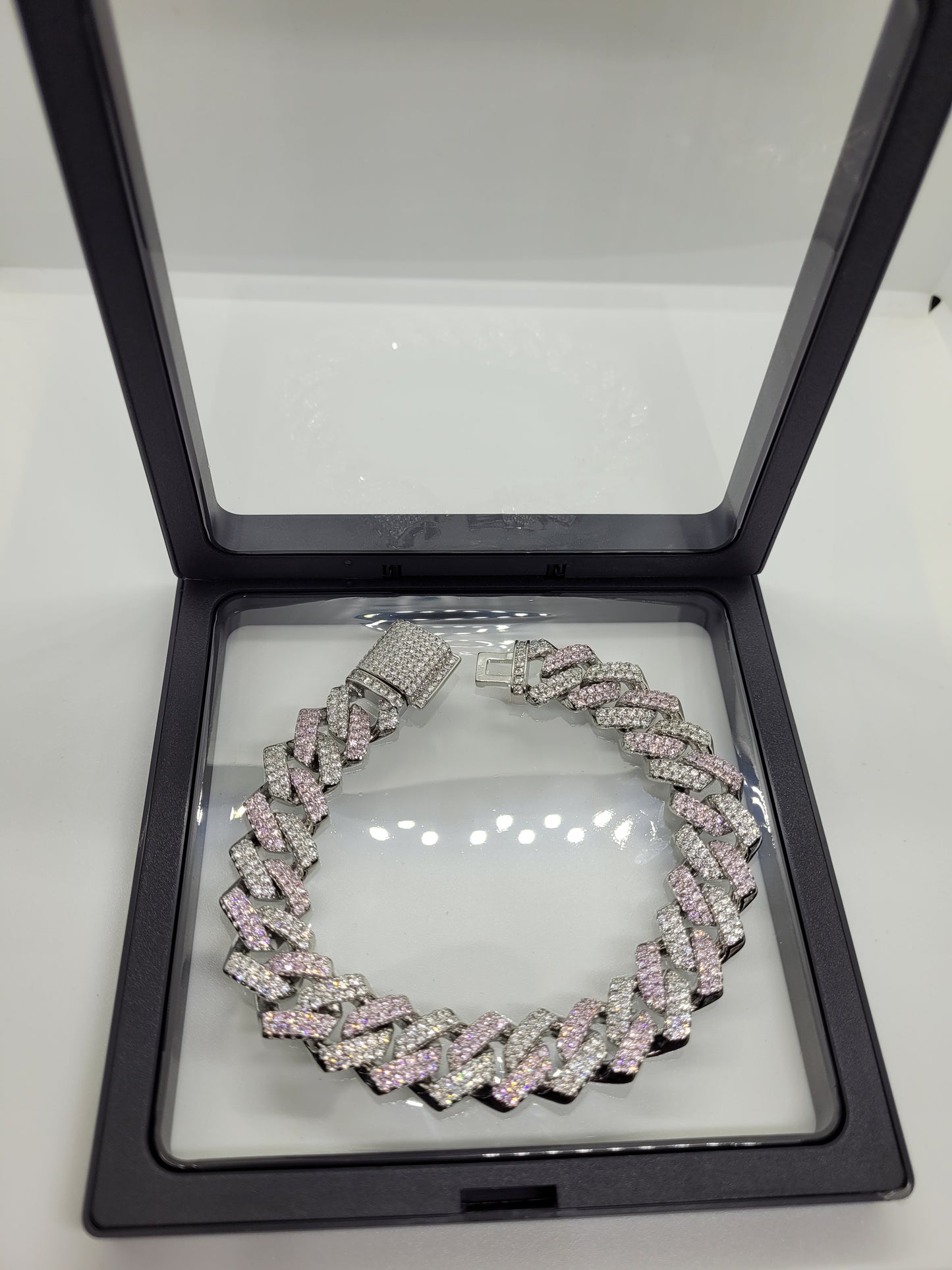 Bossed out pink and sliver 18k plated Cuban bracelet
