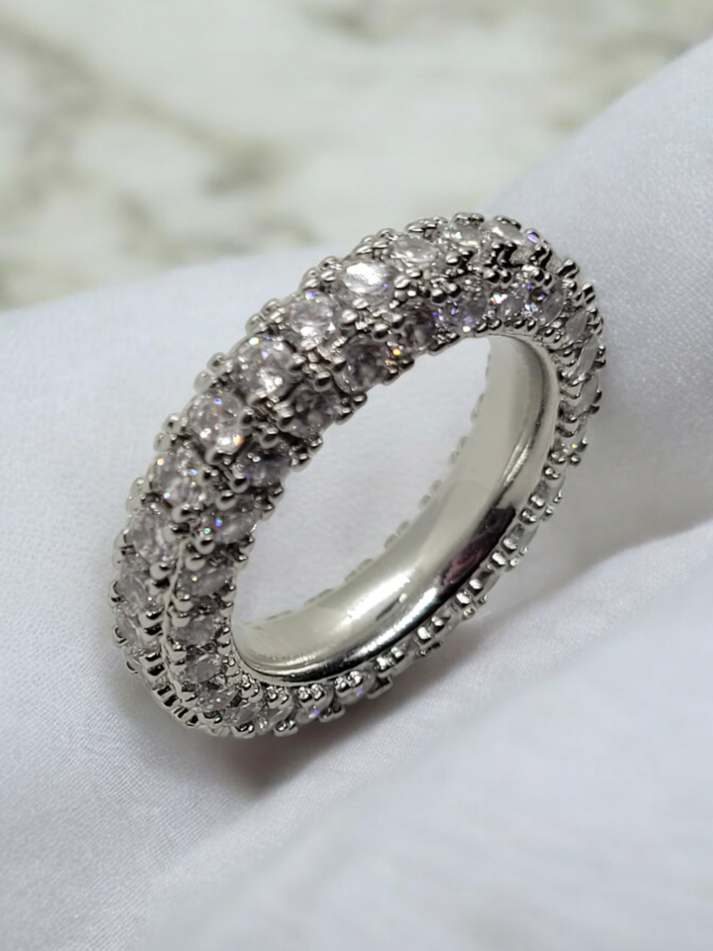 Cubic zirconia blinged out ring 18k sliver plated