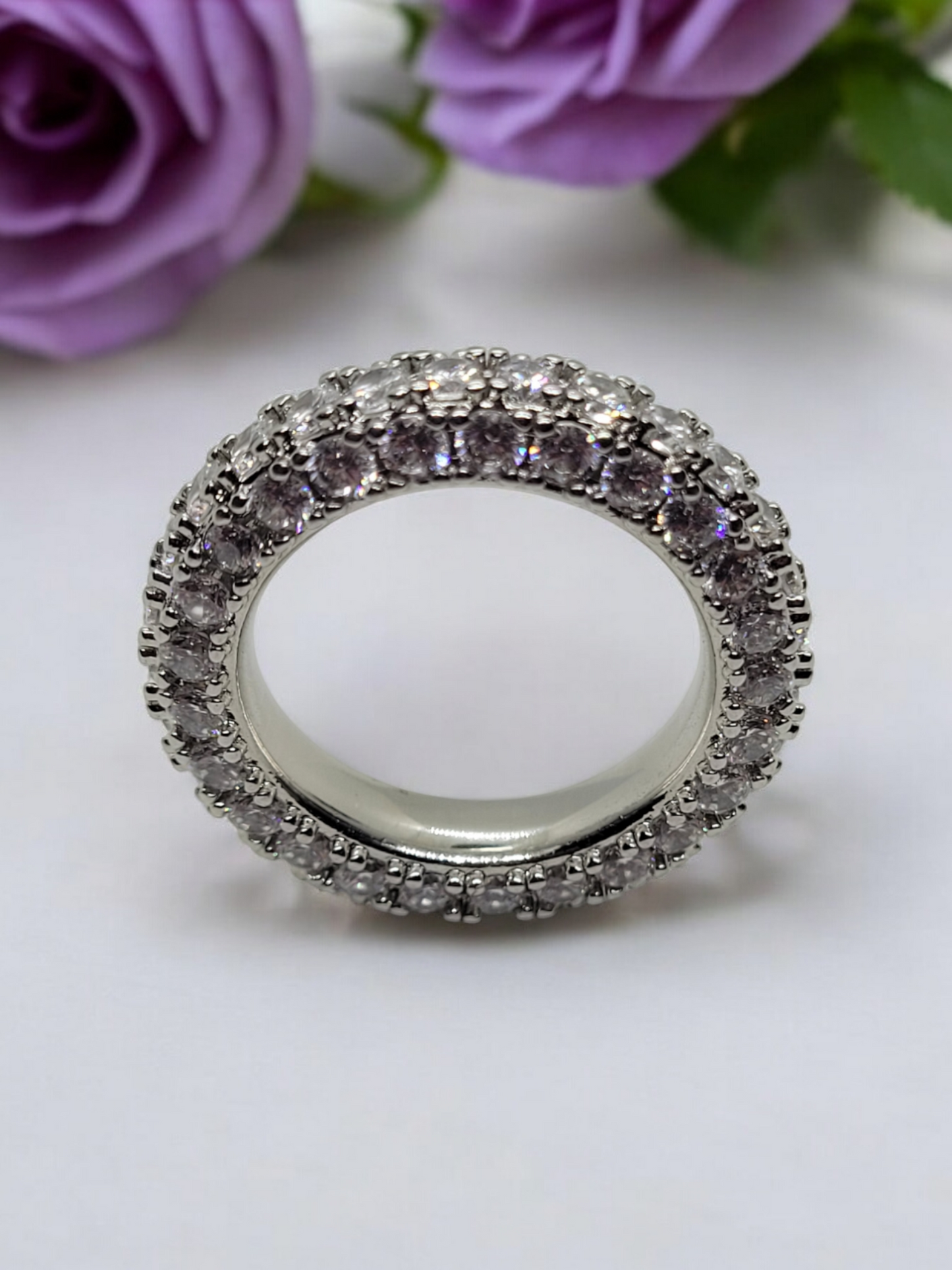 Cubic zirconia blinged out ring 18k sliver plated