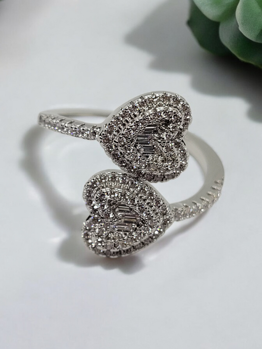 Double heart cubic zirconia blinged out ring 18k sliver plated (adjustable)