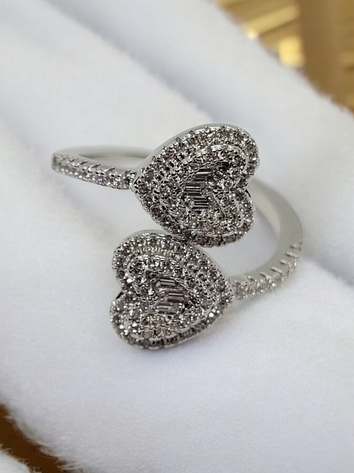 Double heart cubic zirconia blinged out ring 18k sliver plated (adjustable)