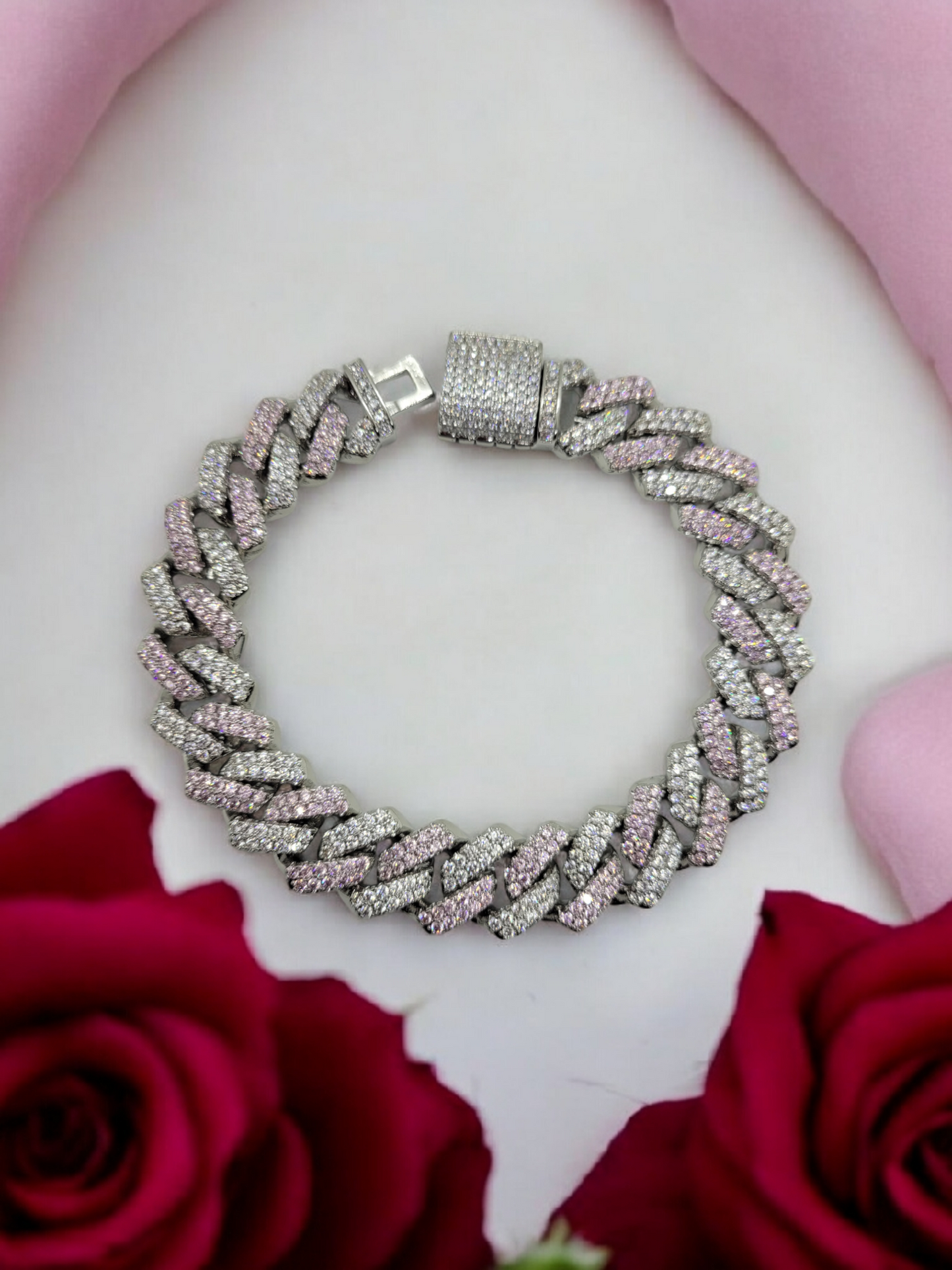 Bossed out pink and sliver 18k plated Cuban bracelet