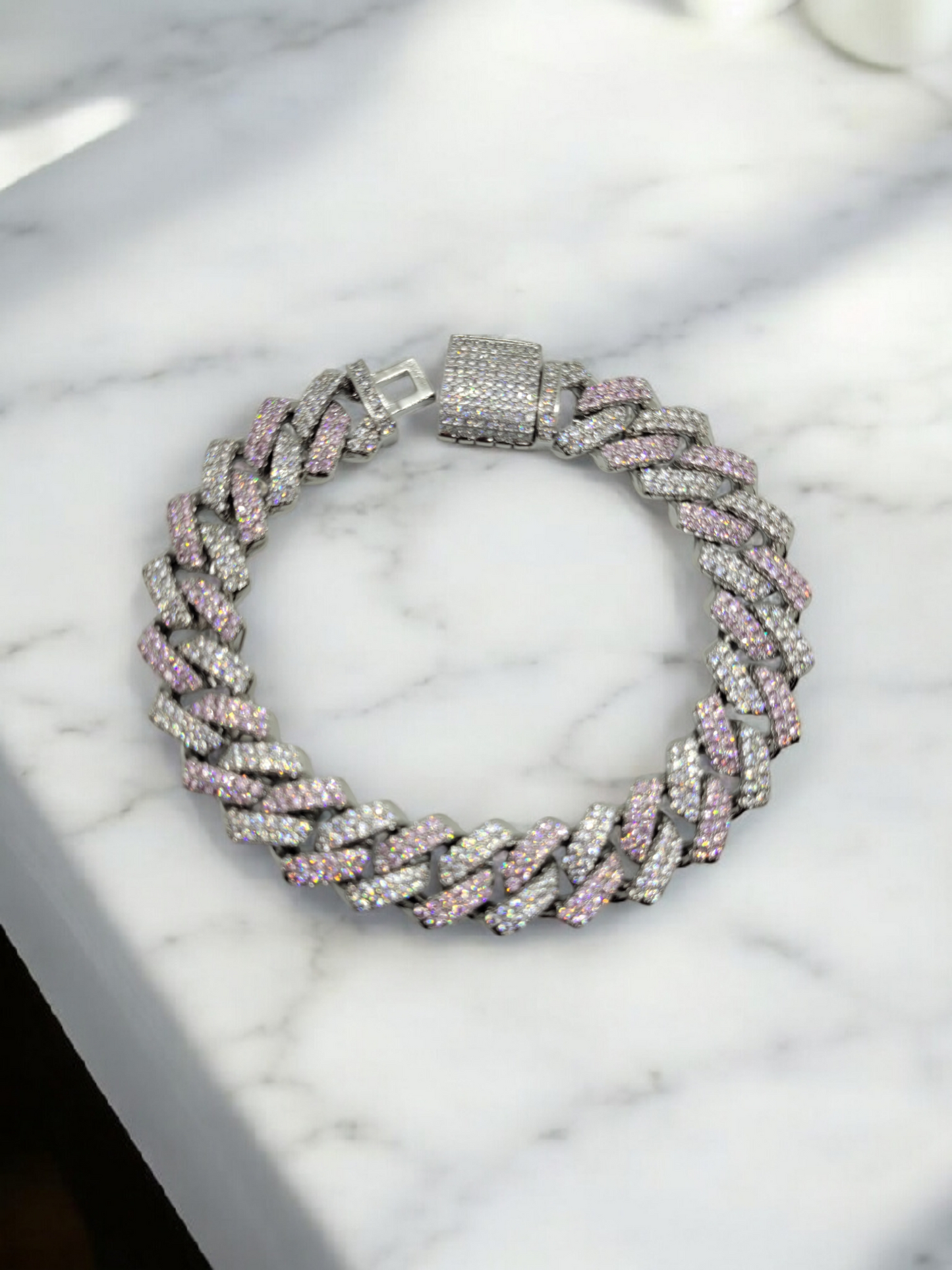 Bossed out pink and sliver 18k plated Cuban bracelet