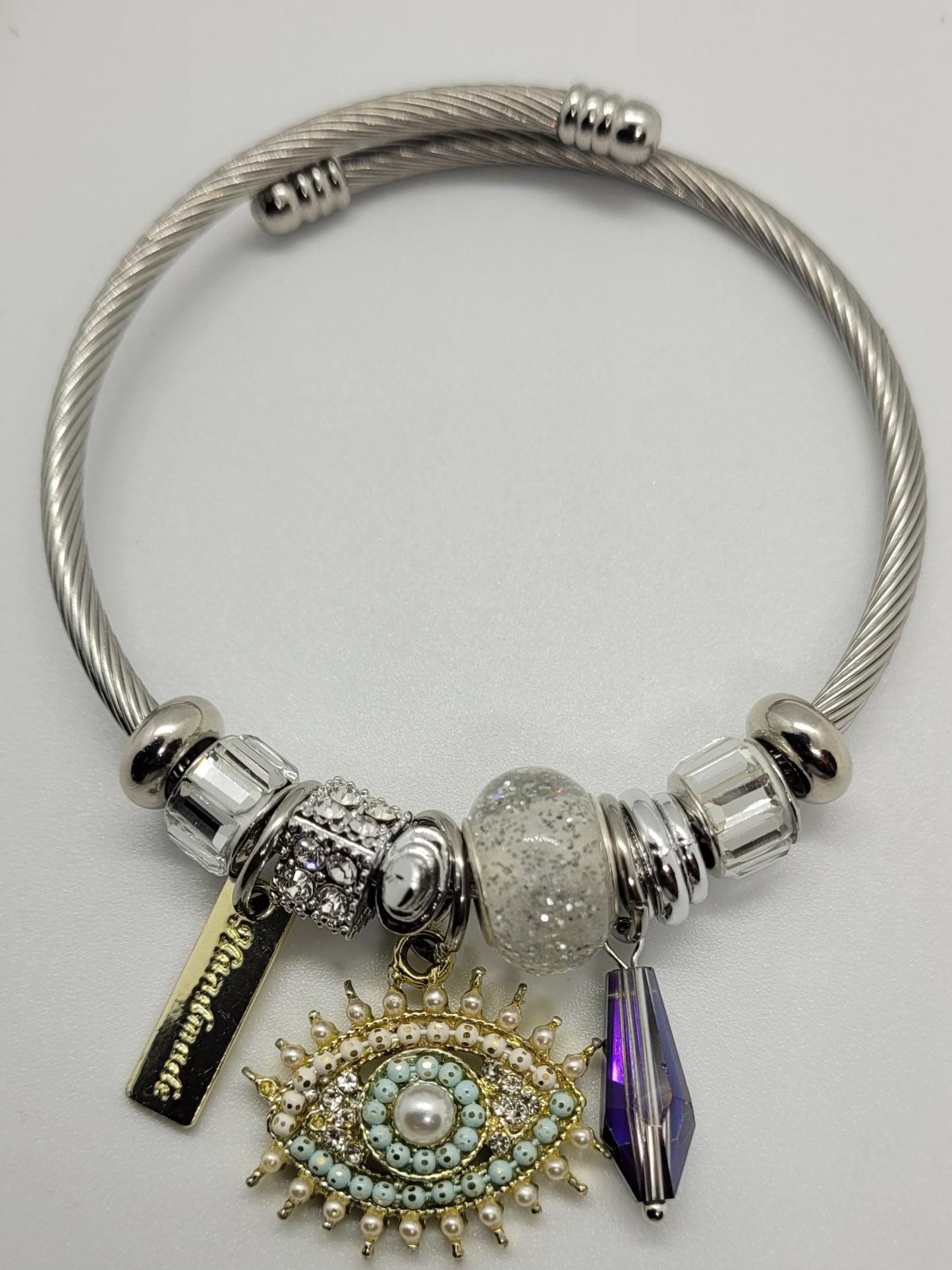 Sliver Evil Eye Bracelet in Green & Gold