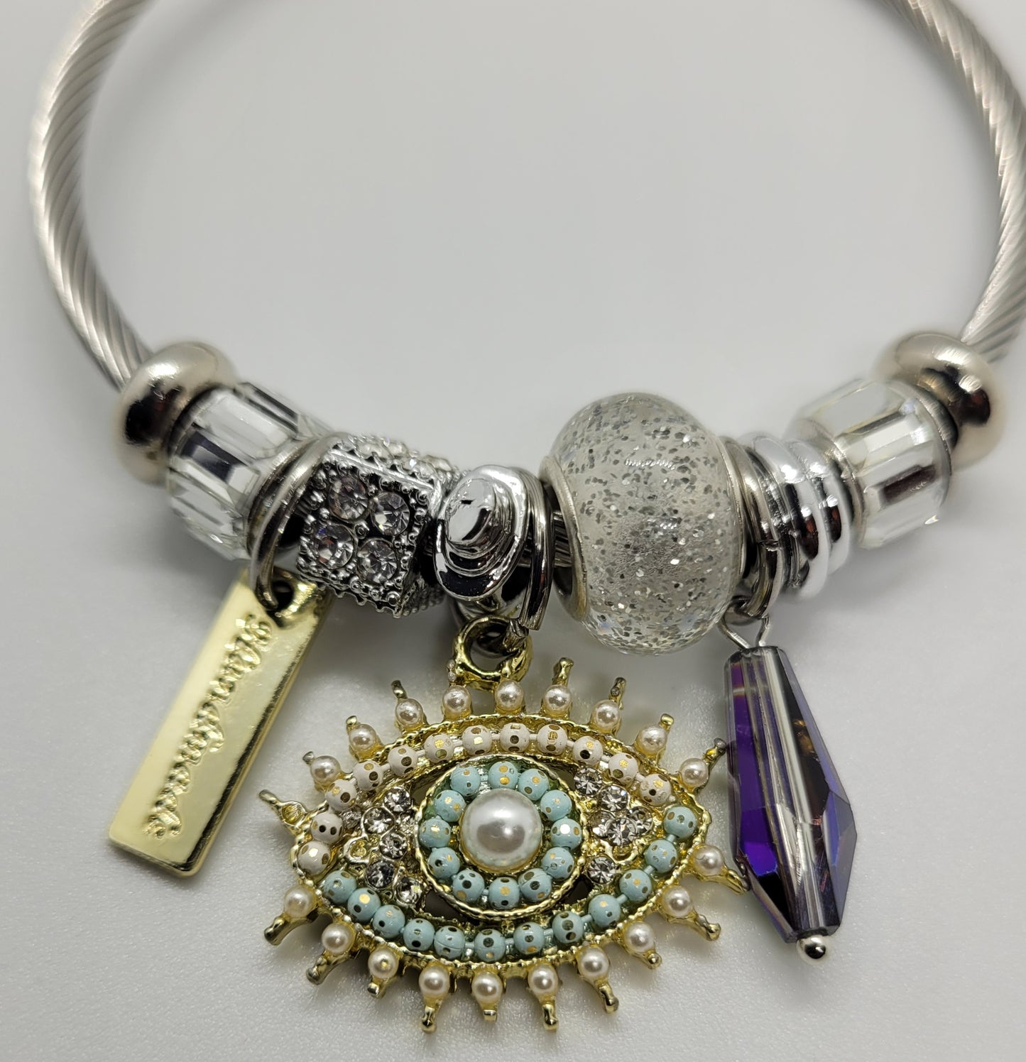 Sliver Evil Eye Bracelet in Green & Gold