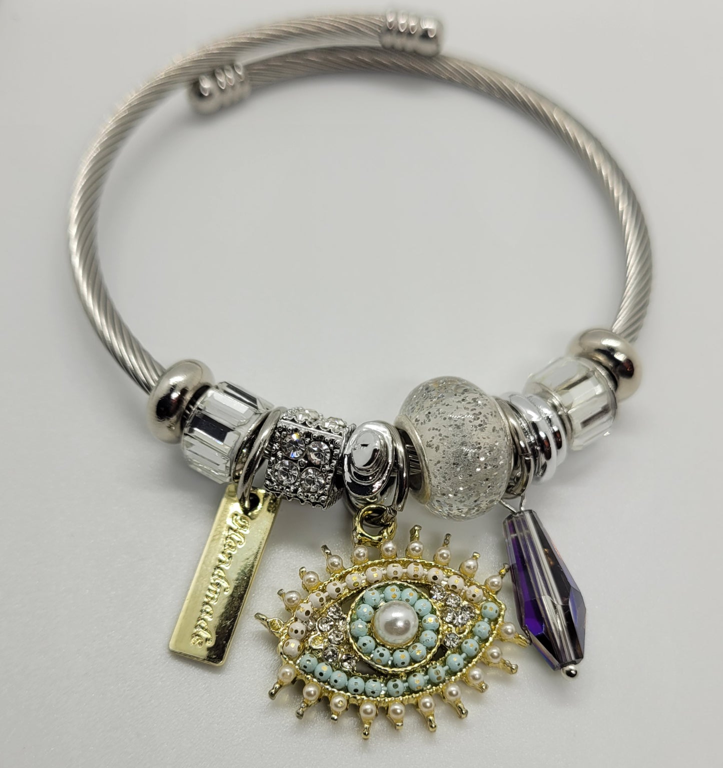 Sliver Evil Eye Bracelet in Green & Gold