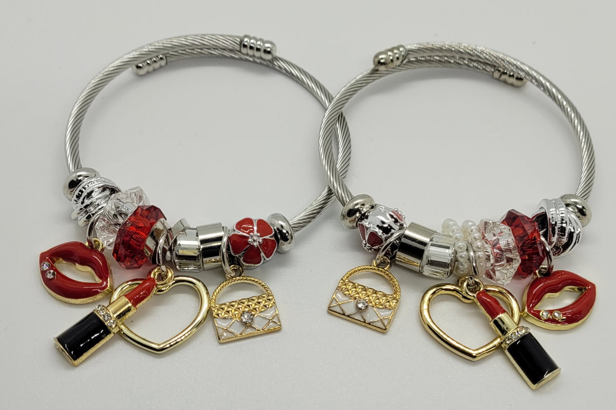 Red & Gold Lipstick Bracelet with white purse charm