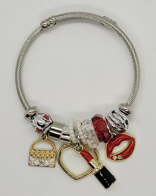 Red & Gold Lipstick Bracelet with white purse charm
