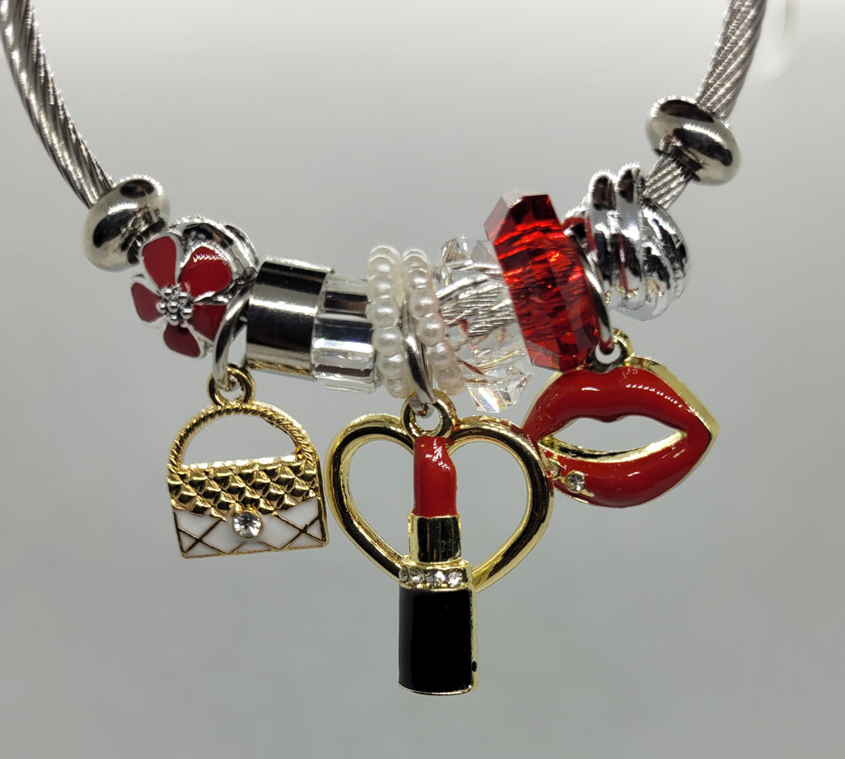Red & Gold Lipstick Bracelet with white purse charm