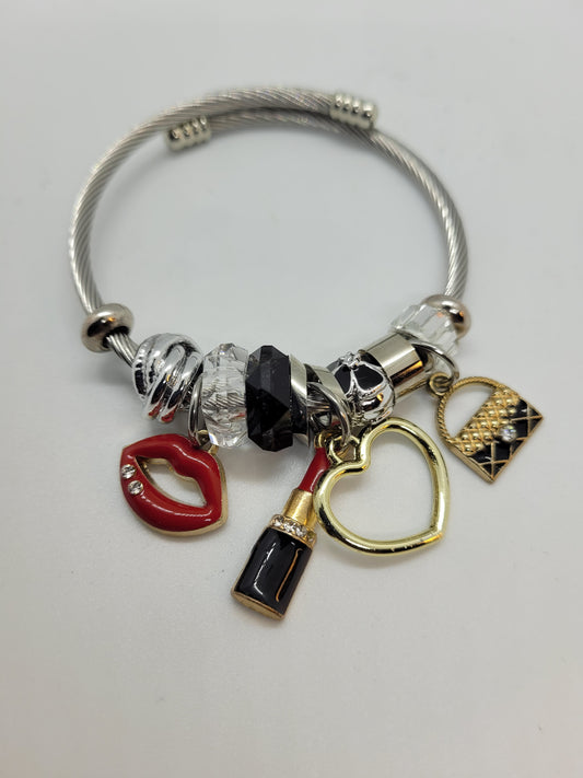 Red & Gold Lipstick Bracelet with black purse charm