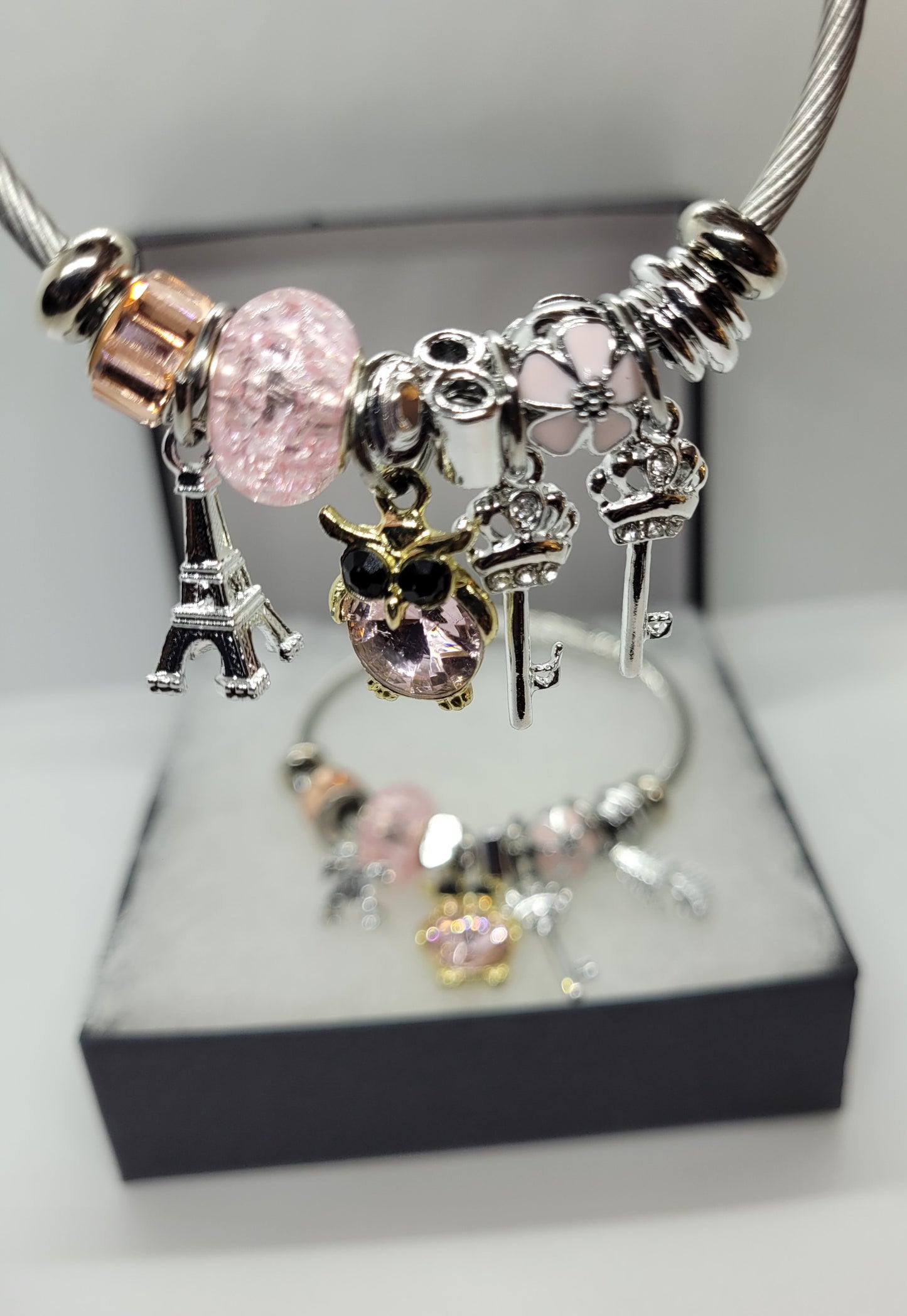 Pink and gold owl bracelet