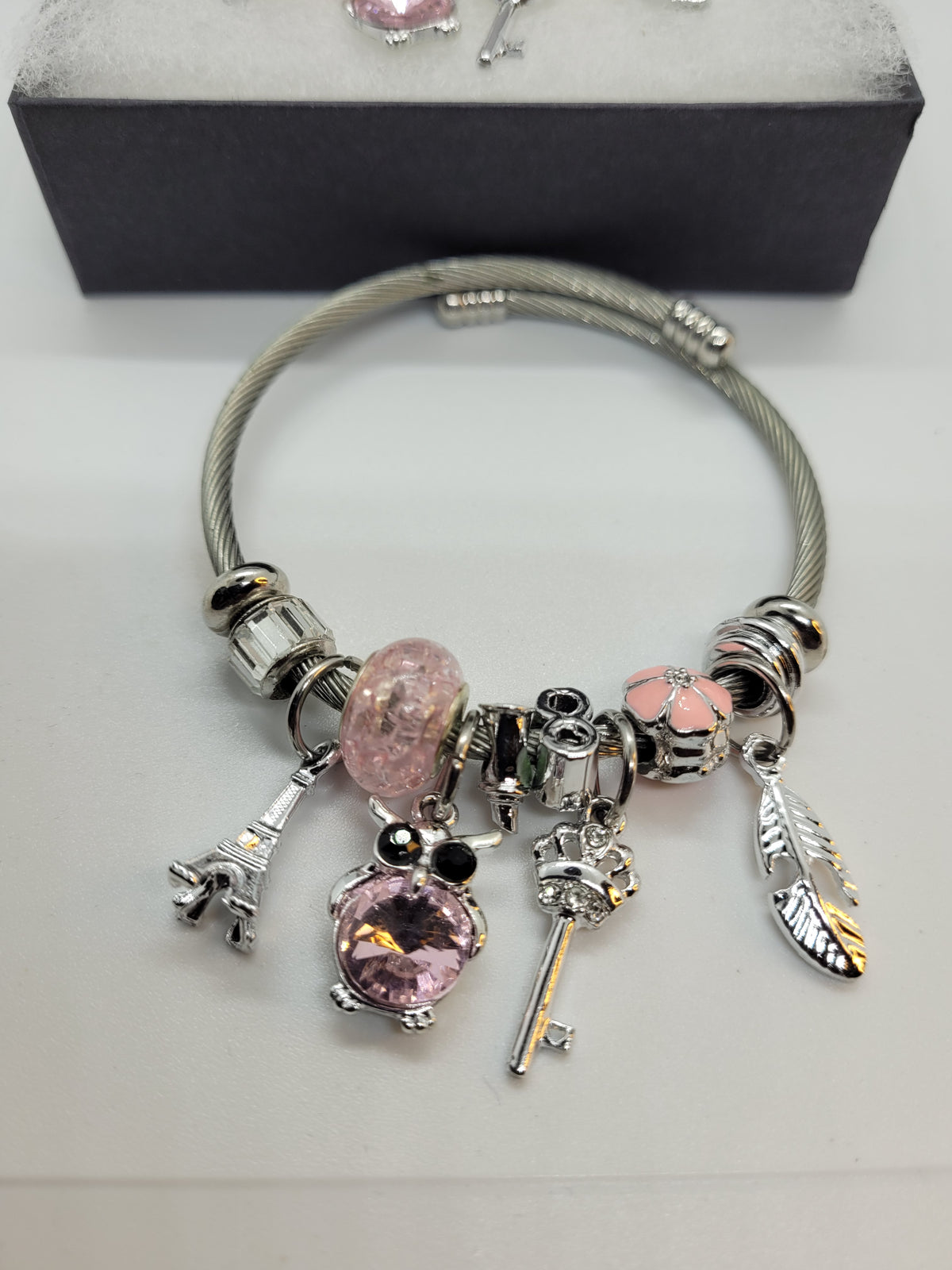 Pink and silver owl bracelet