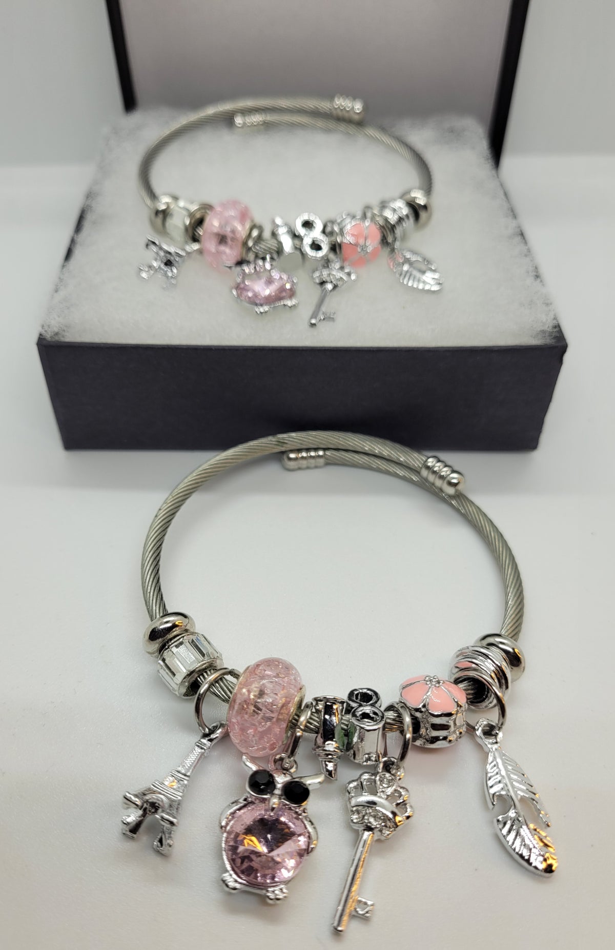 Pink and silver owl bracelet