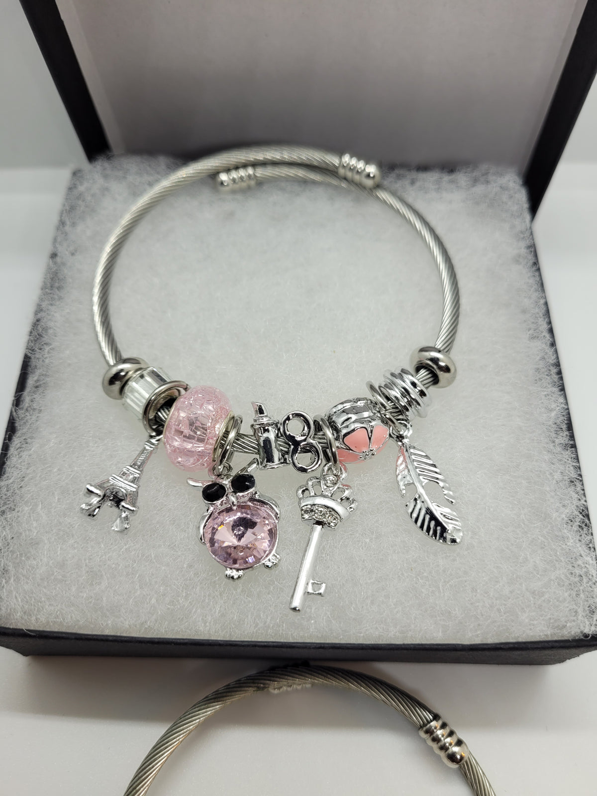 Pink and silver owl bracelet
