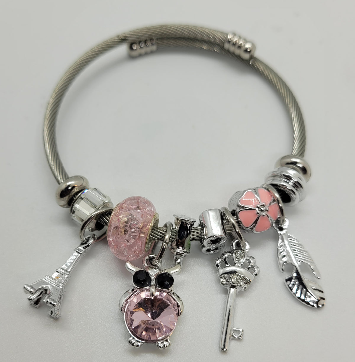 Pink and silver owl bracelet