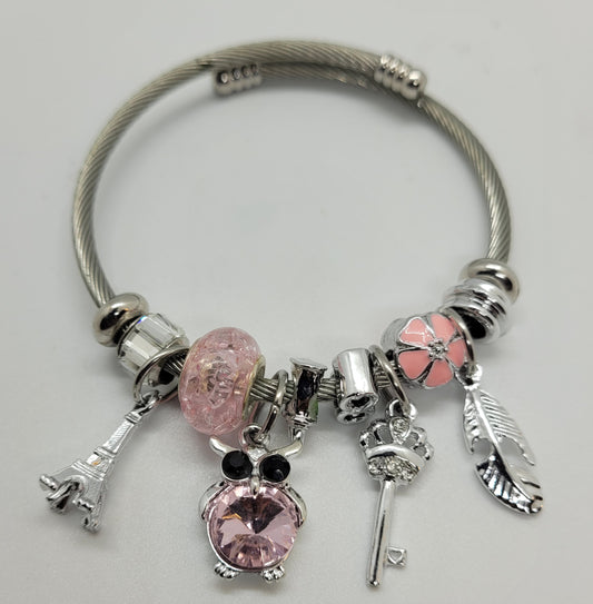 Pink and silver owl bracelet